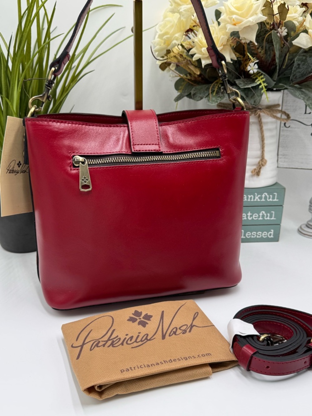 Patricia Nash Irving Bucket Bag in Berry Red Leather – Crossbody & Satchel - Picture 2 of 6